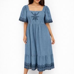 Old Navy Denim Blue Midi Dress with Embroidery